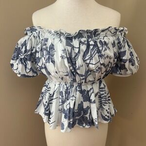Antonio Melani Off Shoulder Peplum Top Women's Size 6 White Floral Puff Sleeve